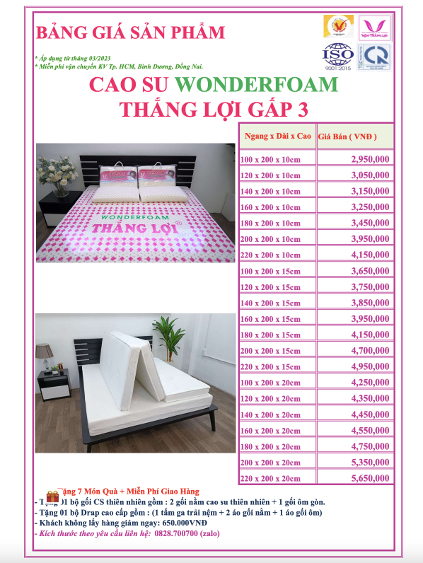 Bảng giá Nệm cao su wonderfoam thắng lợi gấp 3