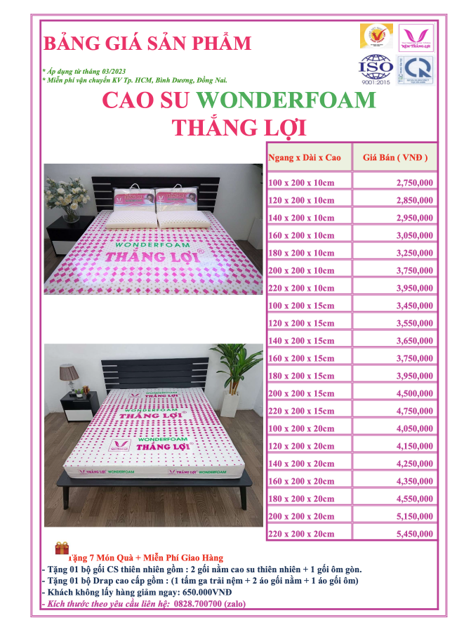 BẢNG GIÁ NỆM WONDERFOAM
